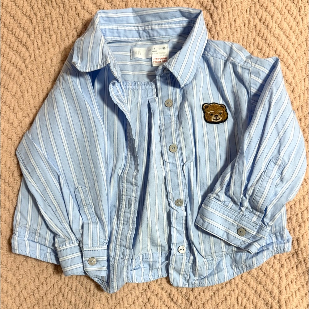 ZARA kids Blue Striped Button-Up Shirt with Bear Patch